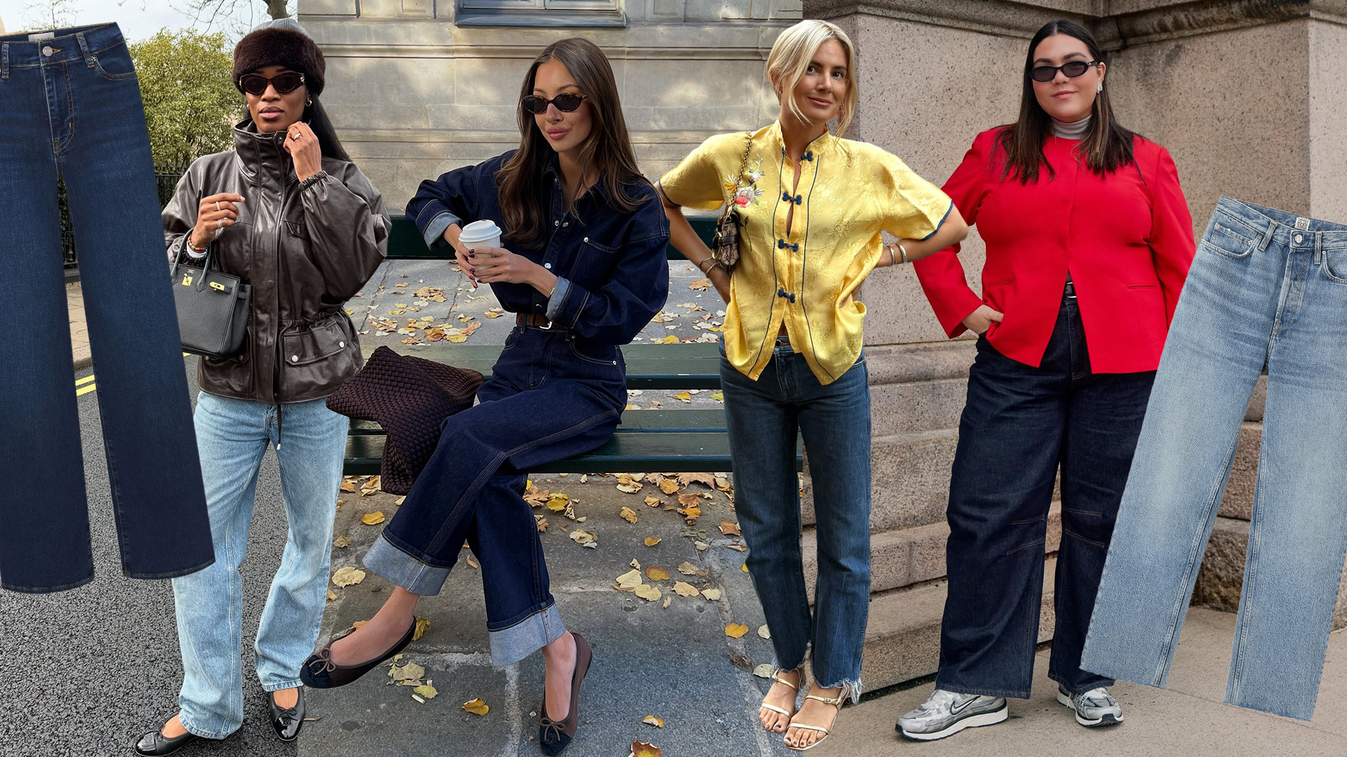 Collage of women wearing different jeans styles.