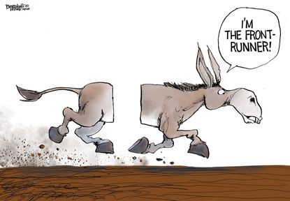 Political Cartoon U.S. DNC Democrats Joe Biden Bernie Sanders frontrunner horse race severed