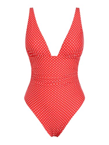 Seamoly Red Polka Dot Print Plunging Neck One-Piece Swimsuit Red Xs