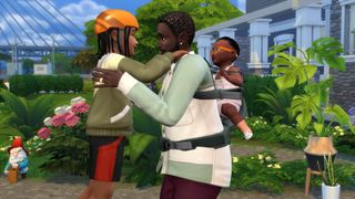 The Sims 4 - A parent holds one child in their arms while another is in a carrier on their back.