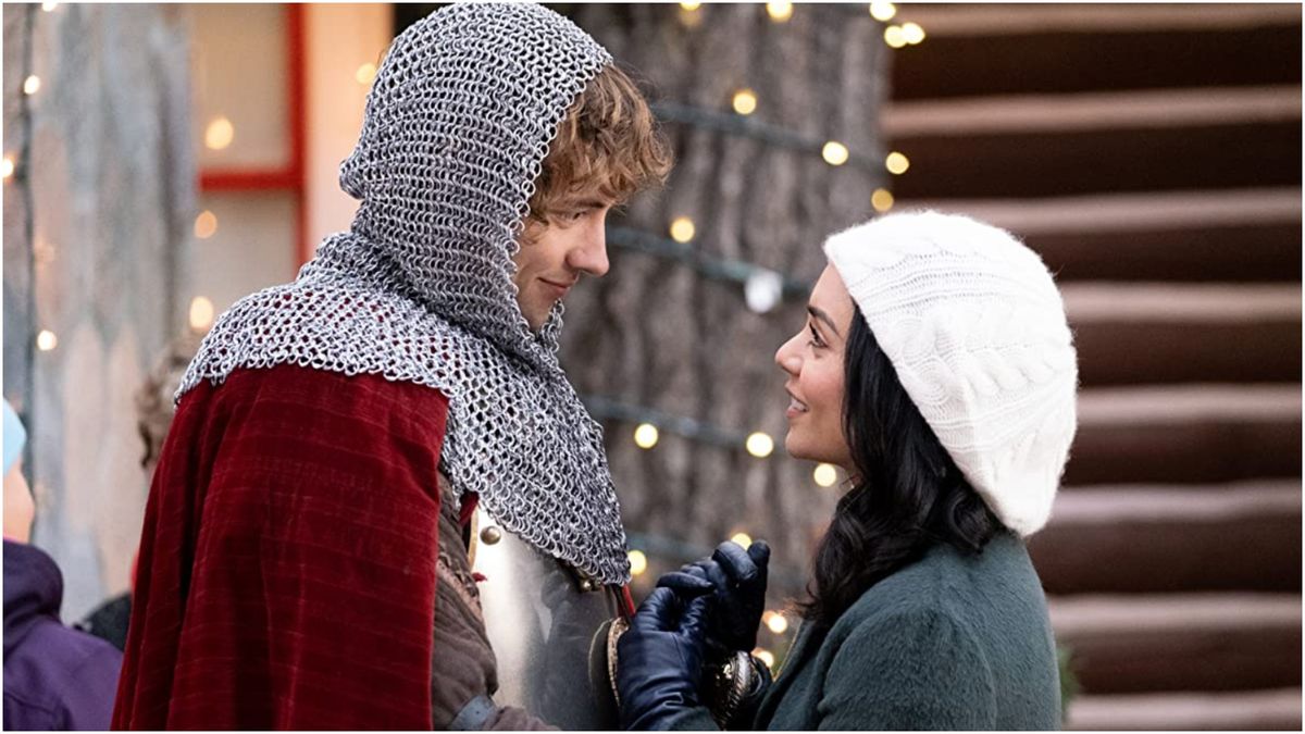 Vanessa Hudgens as Brooke Winters and Josh Whitehouse as Sir Cole Lyons of Norwich in the Netflix Christmas movie, The Knight Before Christmas.
