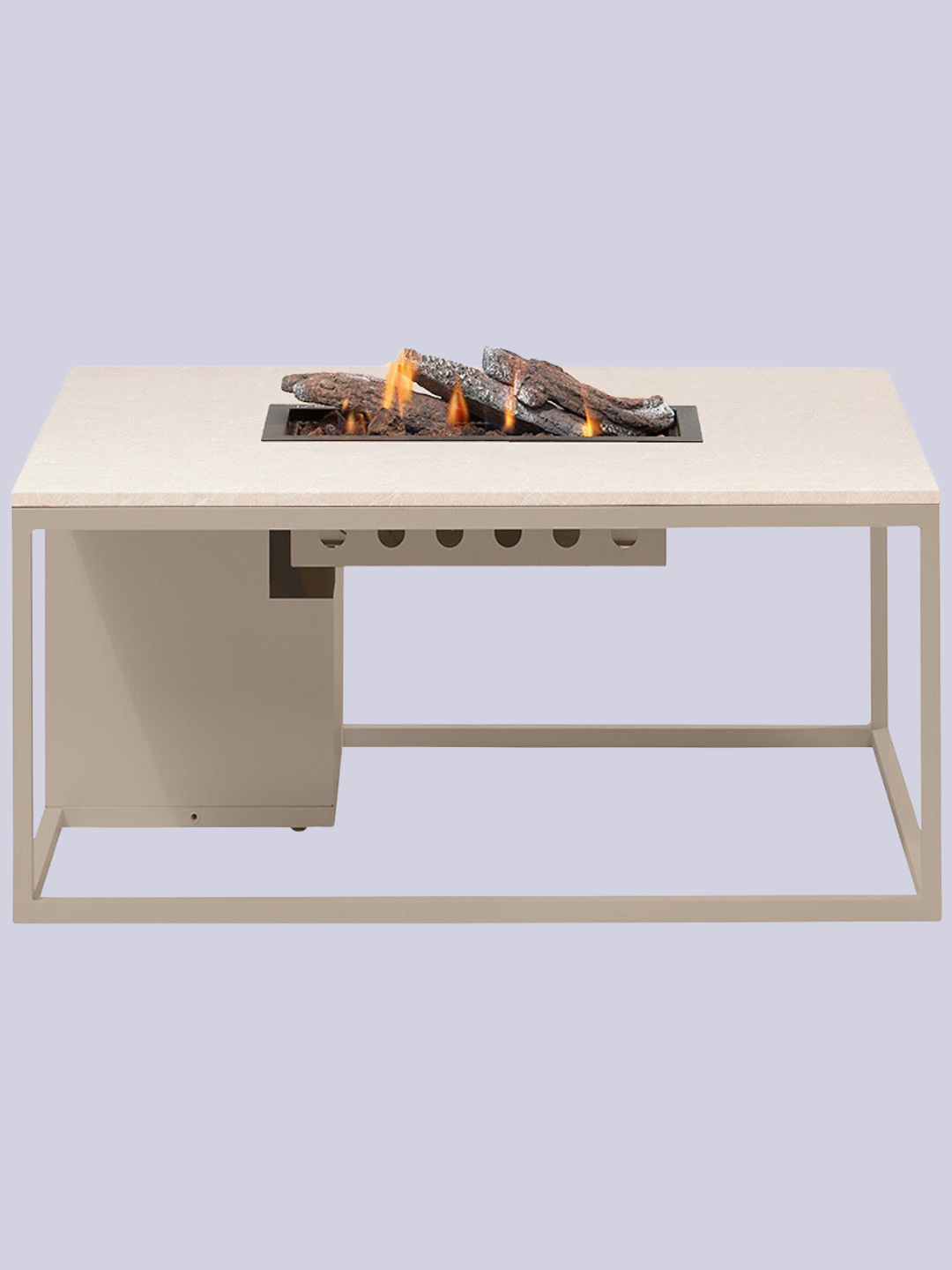 A beige firepit table