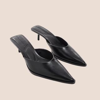 Flat lay image of heeled mules