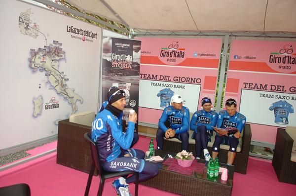 Team Saxo Bank chills out before the start of stage 2