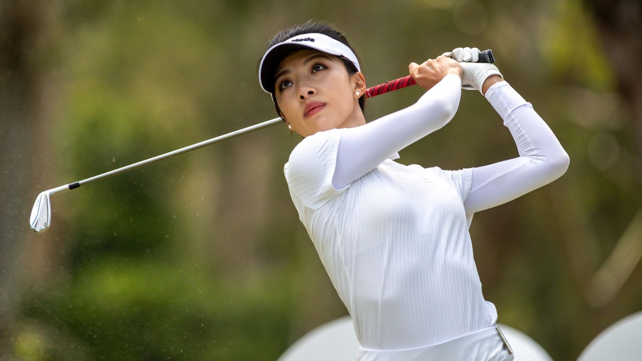 Muni He of China tees off during on day one of the Aramco Team Series at Hong Kong Golf Club