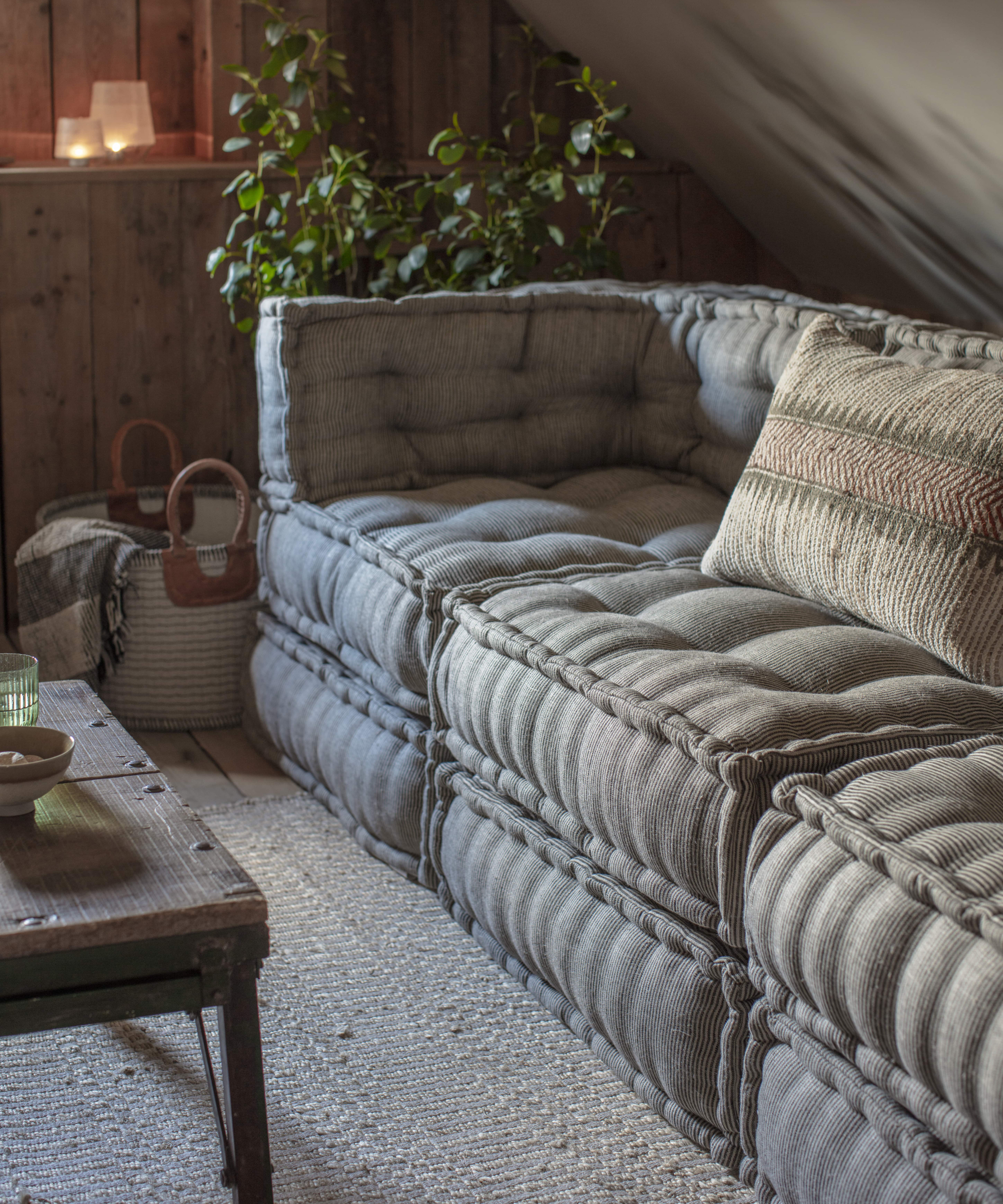 low level blue fabric covered seating