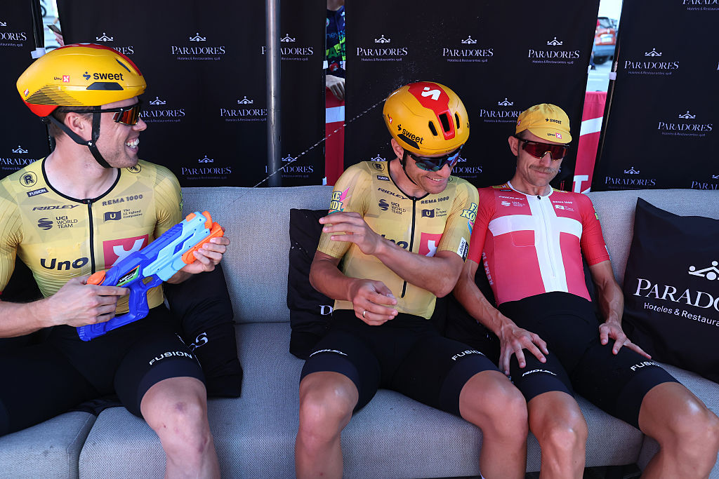 DOS HERMANAS, SPAIN - SEPTEMBER 09: (L-R) Rasmus Tiller of Norway and Fredrik Dversnes of Norway and Team Uno-X Mobility prior to the La Vuelta - 81st Tour of Spain 202, Stage 17 a 185km stage from Dos Hermanas to Sevilla / #UCIWT / stage from on September 09, 2026 in Dos Hermanas, Spain. (Photo by Alexander Hassenstein/Getty Images)