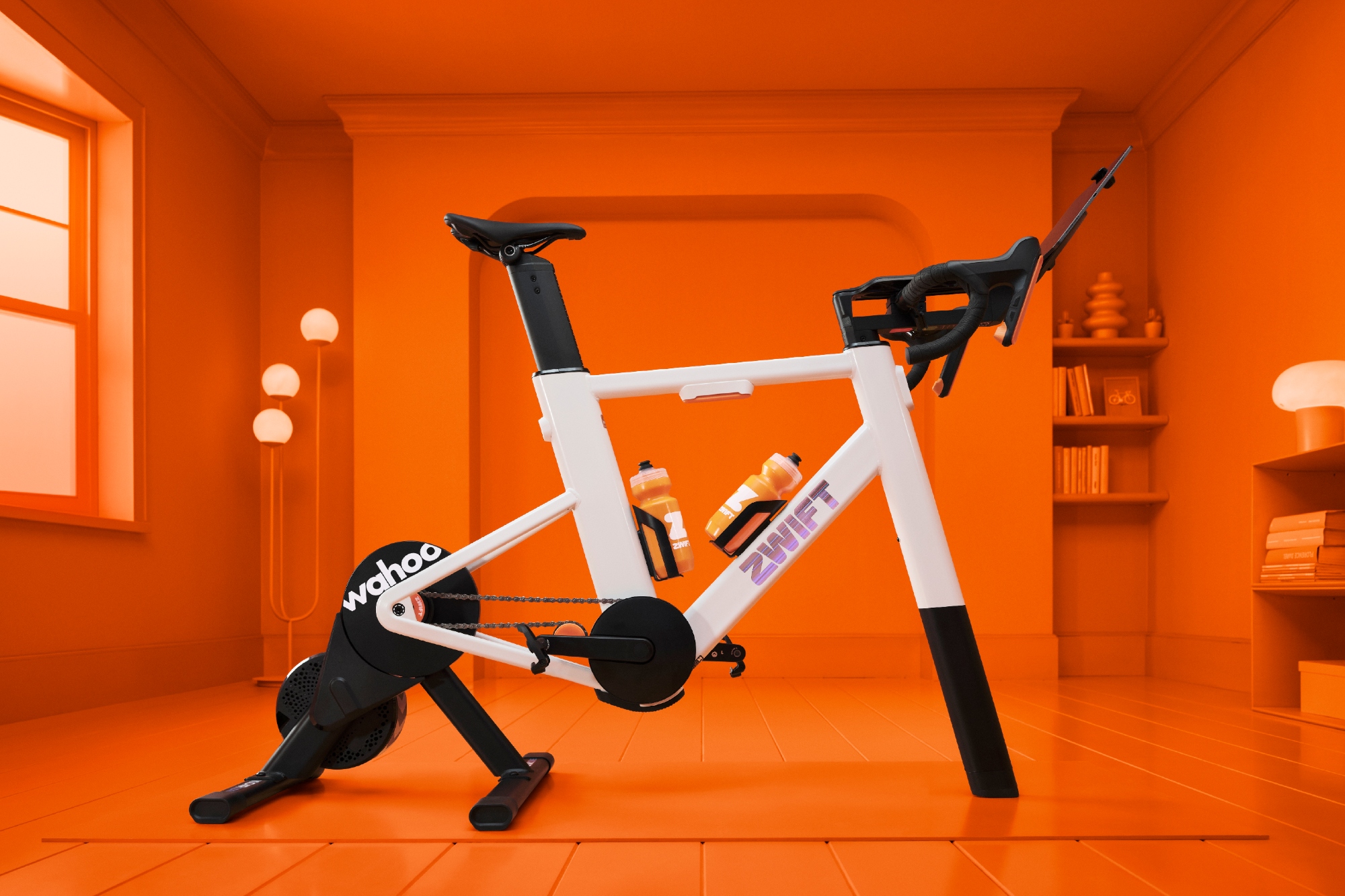 The Zwift Ride smart bike in front of a full orange room