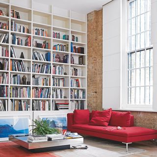 books with red sofa