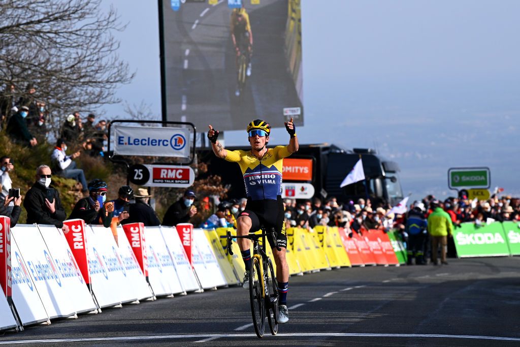 CHIROUBLES FRANCE MARCH 10 Arrival Primoz Roglic of Slovenia and Team Jumbo Visma Celebration during the 79th Paris Nice 2021 Stage 4 a 1875km stage from ChalonSurSane to Chiroubles 702m Public Fans ParisNice on March 10 2021 in Chiroubles France Photo by AnneChristine Poujoulat PoolGetty Images