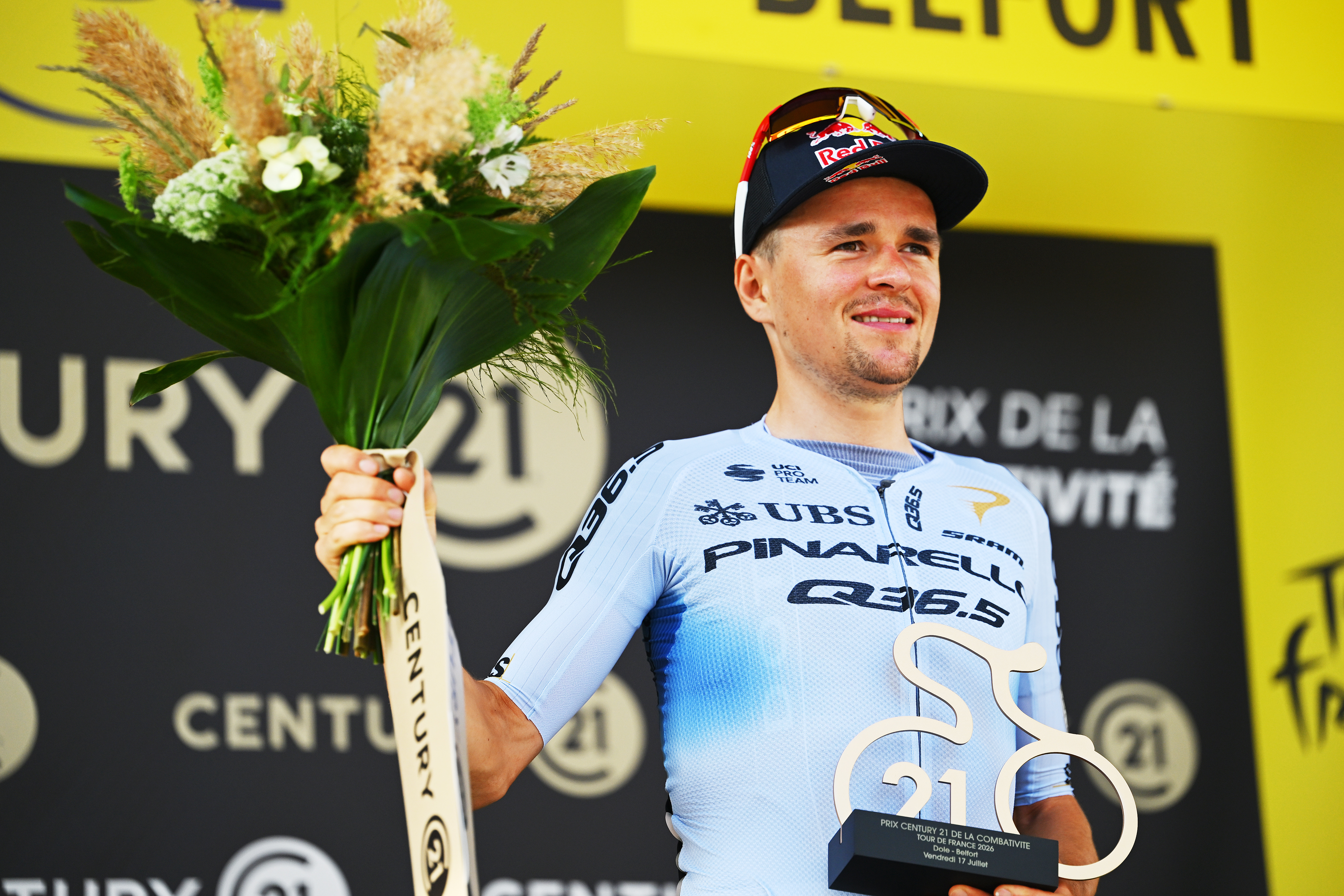 Tom Pidcock on the podium at the Tour de France