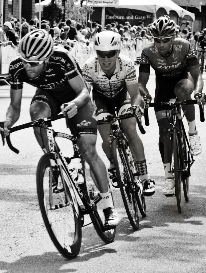 Yesterday&rsquo;s 2nd place winner, Jesse Anthony (Optum Pro Cycling p/b Kelly Benefit Strategies) is marked by Fabio Calabria (Horizon Organic/Einstein Bros Cycling) for the sprint points