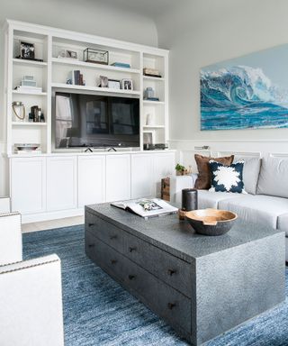 White living room with storage coffee table, and tv unit with shelving against the wall