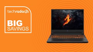 Acer Nitro V gaming laptop on orange background with big savings text overlay