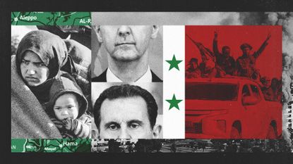 Composite illustration of Bashar al-Assad, anti-government rebels and Kurdish refugees