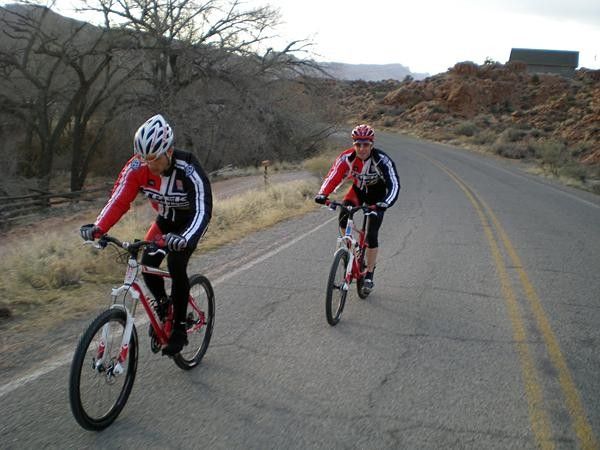 Chris Eatough leads team-mate Jeremiah Bishop while training in Moab, Utah.