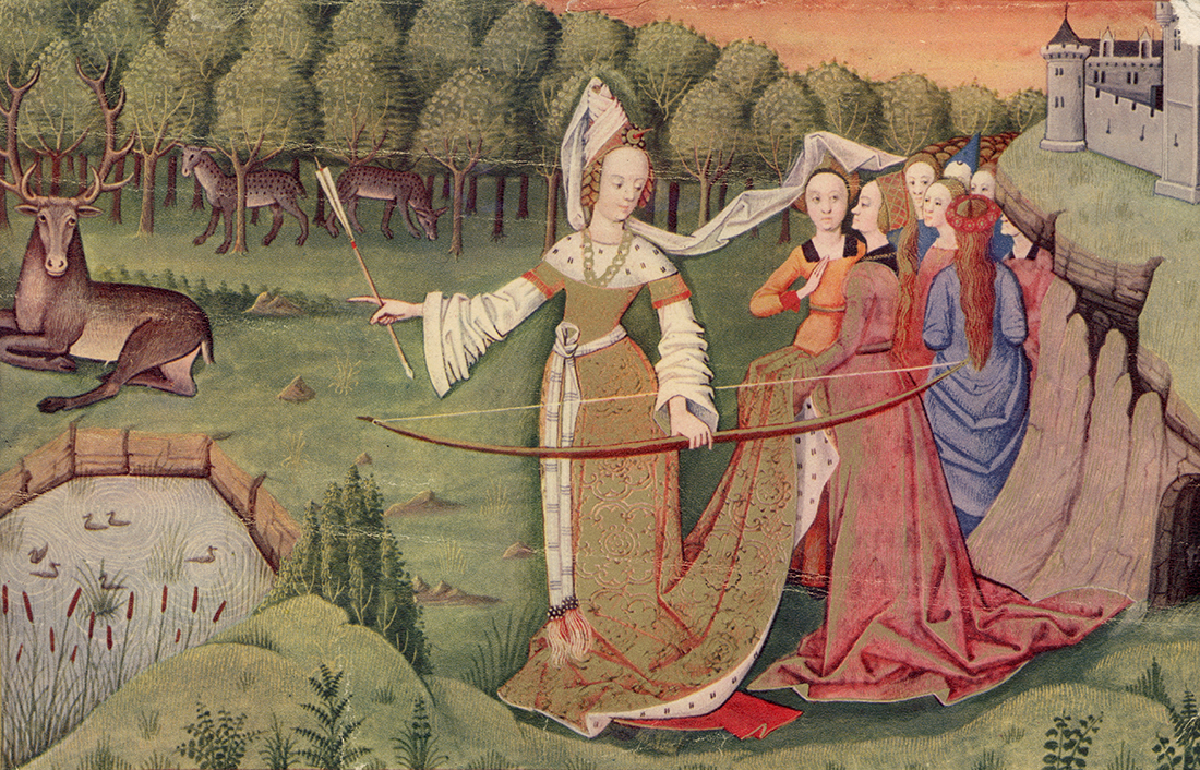 Circa 1450, a group of ladies on the grounds of a castle watch one of their number as she prepares to shoot a stag with a bow and arrow.