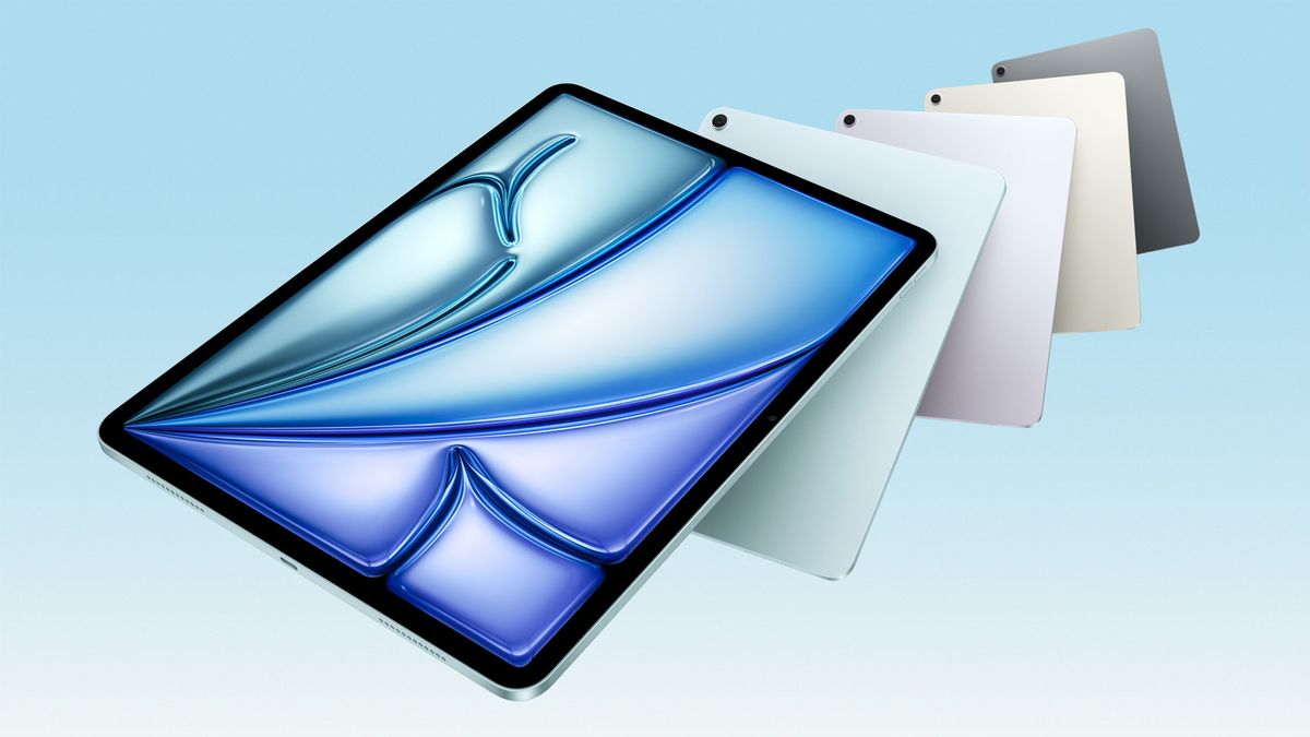 The Apple iPad Air M3 in four color variations on a blue background