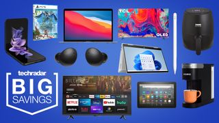 Best Buy Anniversary Sale header with various tech products on a blue background