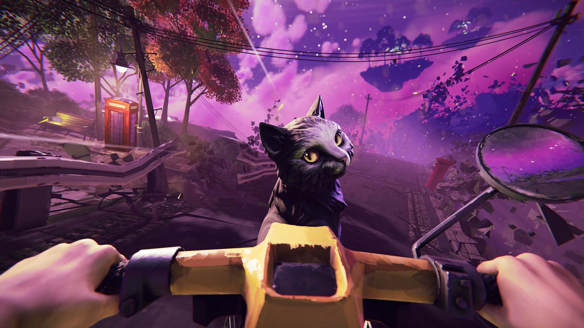 Screenshot from There Are No Ghosts at the Grand showing a black cat in front of bike handlebars.