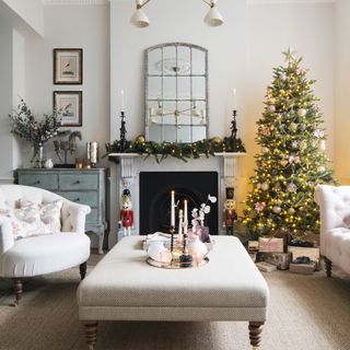 Neutral living room filled with Christmas decorations