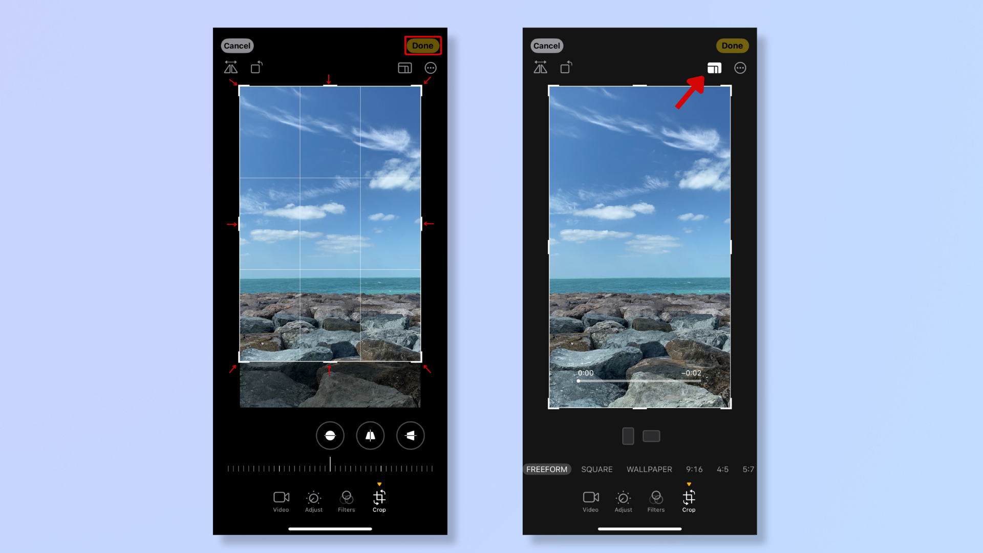 The first screenshot shows a video in the Photos app on the iPhone being cropped. The second screenshot shows a video in the Photos app with a red arrow highlighting the Aspect Ratio Freeform button at the top right.