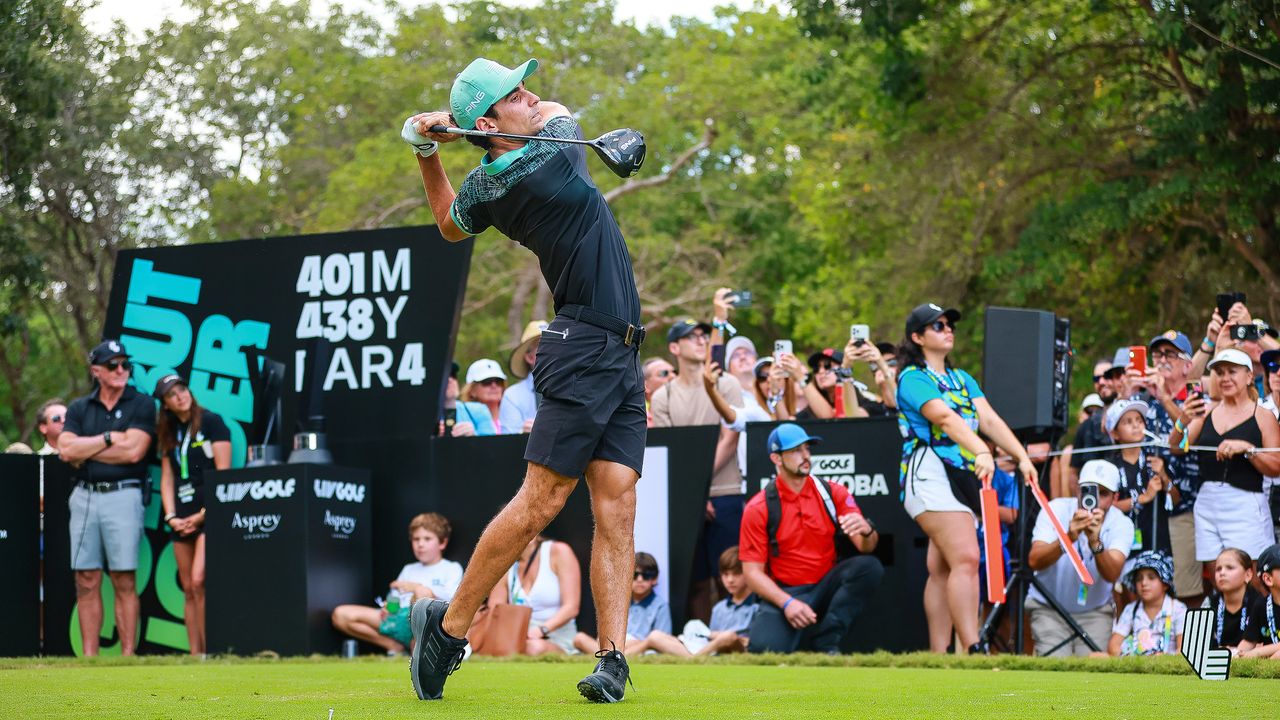 Joaquin Niemann takes a tee shot at LIV Golf Mayakoba