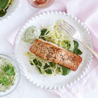 Grilled salmon with sauce verte-woman and home