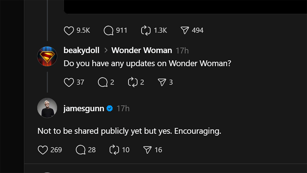 A screenshot of James Gunn responding to a fan question on Threads