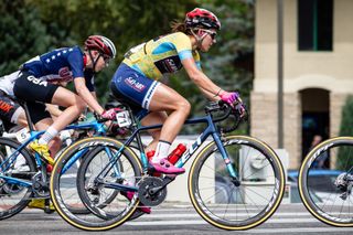 Chloe Dygert-Owen in yellow during stage 2 at the Colorado Classic