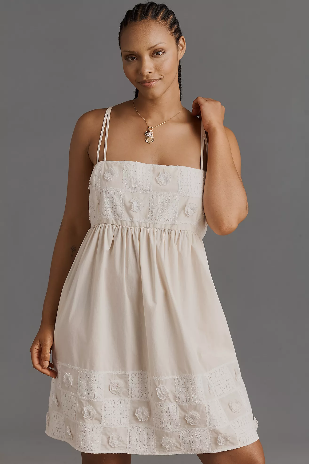 Embroidered cotton sleeveless square neck mini baby doll dress by Anthropologie