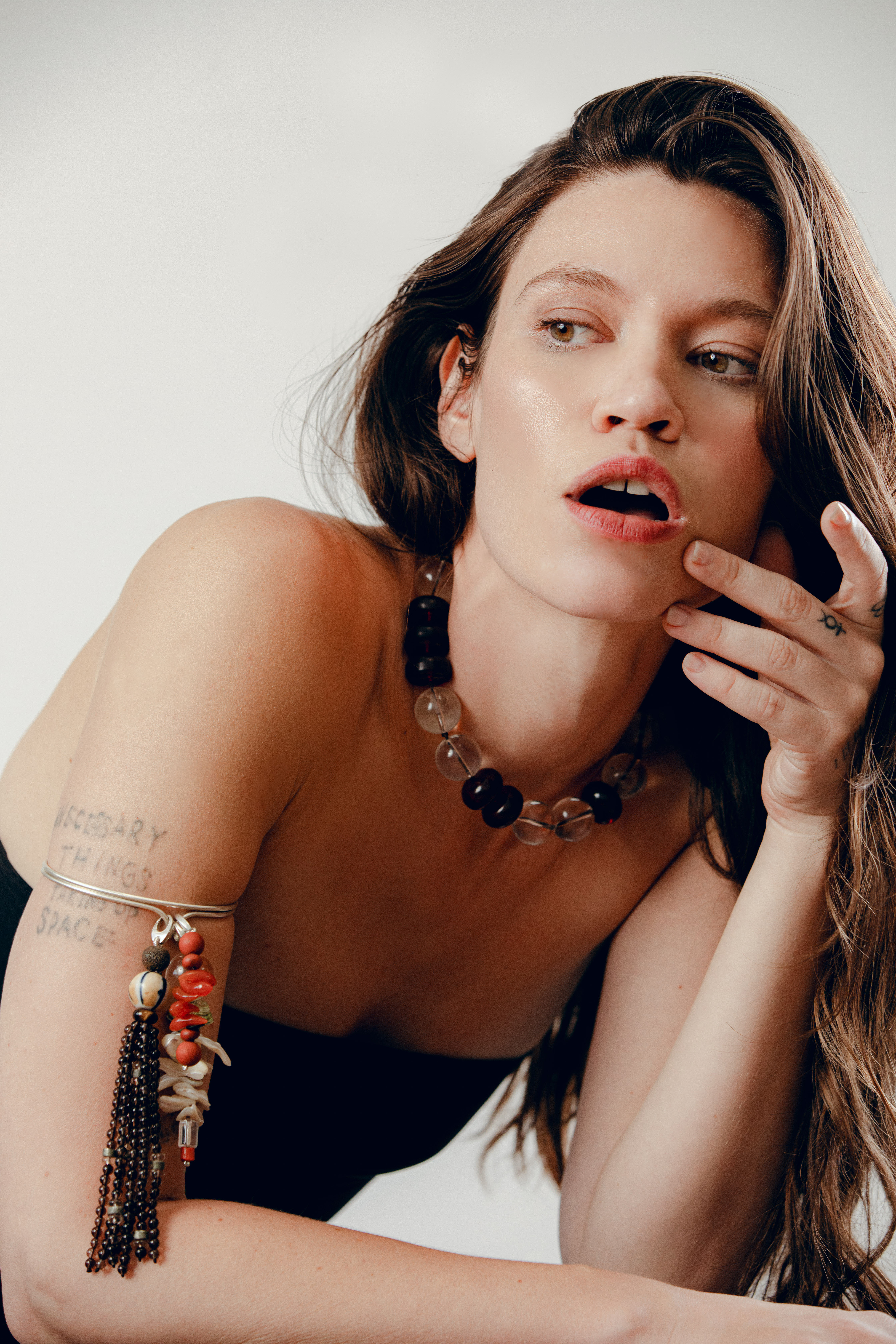 a model wearing beaded jewelry from Don&#039;t Let Disco&#039;s Spring 2026 collection