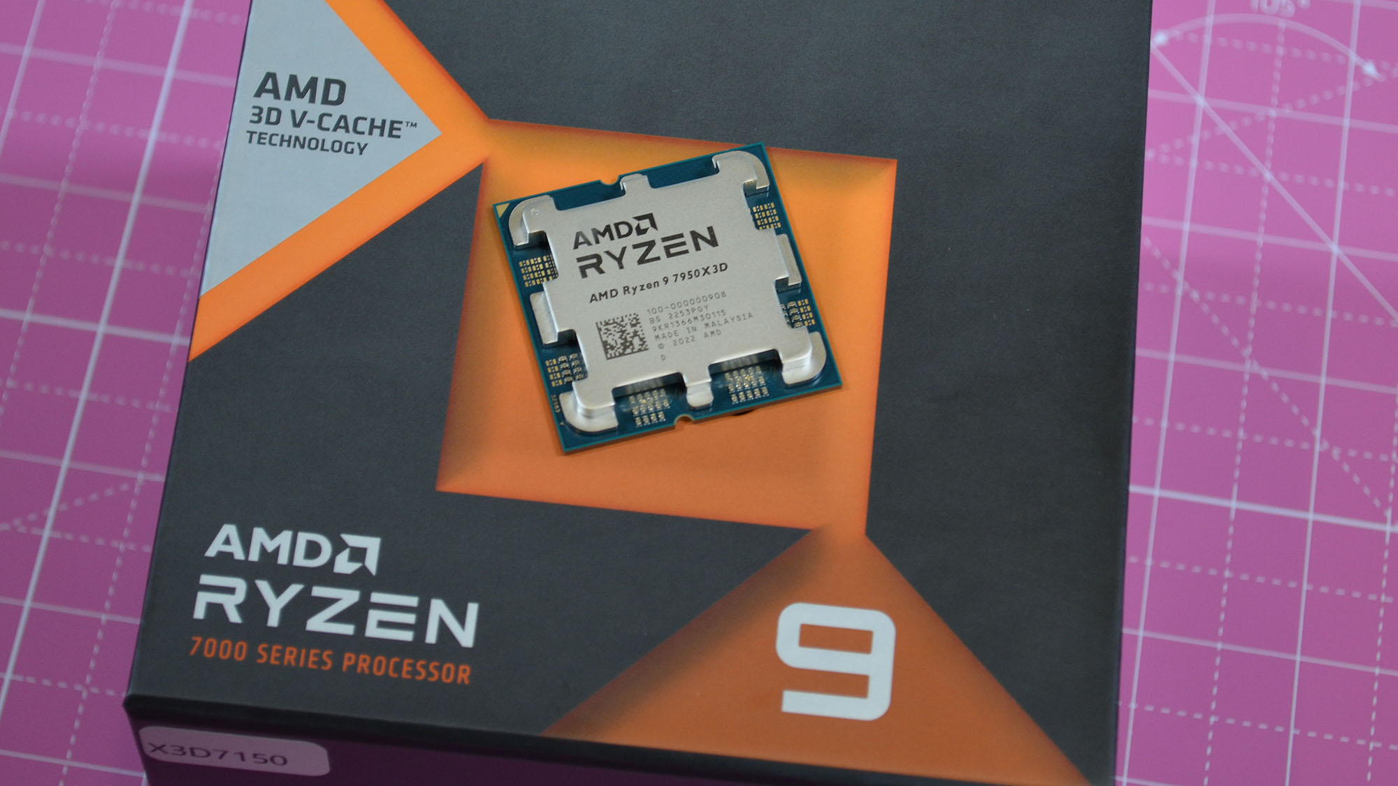 An AMD Ryzen 9 7950X3D on its retail packaging