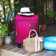Suitcase, purse, inner tube, hat on porch full of plants