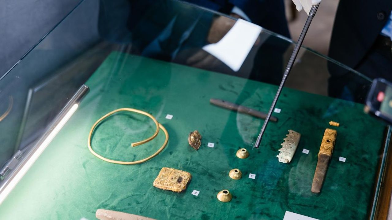 An assortment of gold artifacts in a case