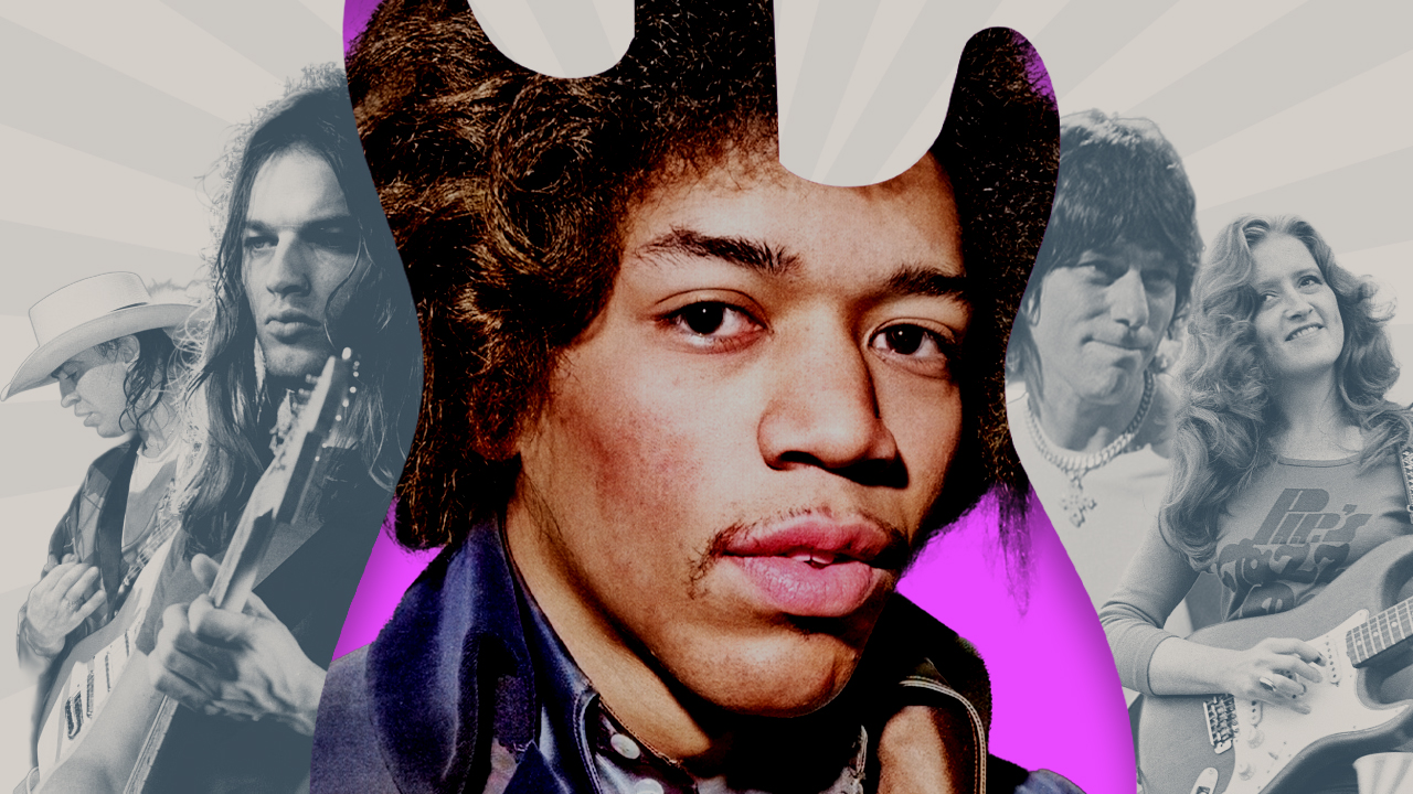 (from left) Stevie Ray Vaughan, David Gilmour, Jimi Hendrix, Jeff Beck, and Bonnie Raitt