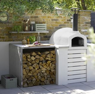 pizza oven and floating shelf bar in grey