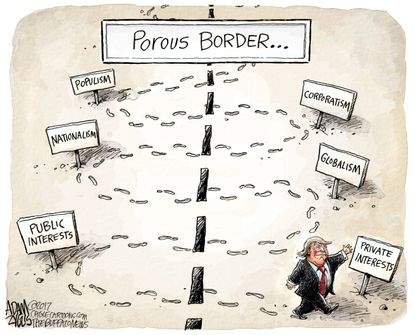 Political Cartoon U.S. President Trump flip-flop border wall immigration