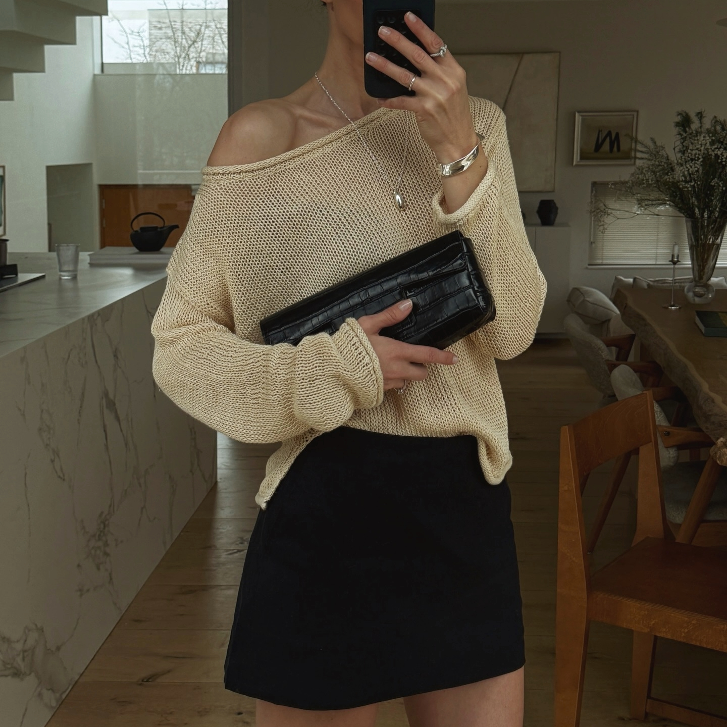 Anouk Yve in a Banana Republic sweater and skirt