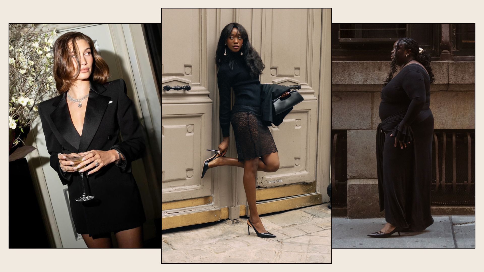 A collage of what to wear to a cocktail bar, including outfit inspiration from Hailey Bieber, Abisola Omole and Emmanuelle Koffi.
