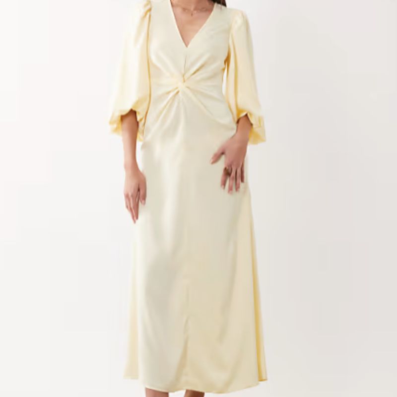 YAS, Knot Front Volume Sleeve Satin Midi Dress