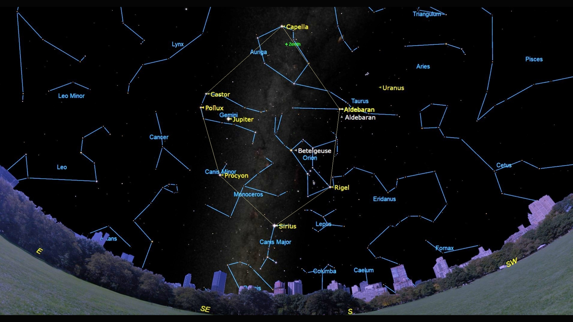 A constellation map of the night sky with labeled constellations like Ares and Pisces. Labeled in yellow are both planets like Jupiter and stars like Pollux and Castor with a strip of the Milky Way galaxy glowing brown in the center of the image