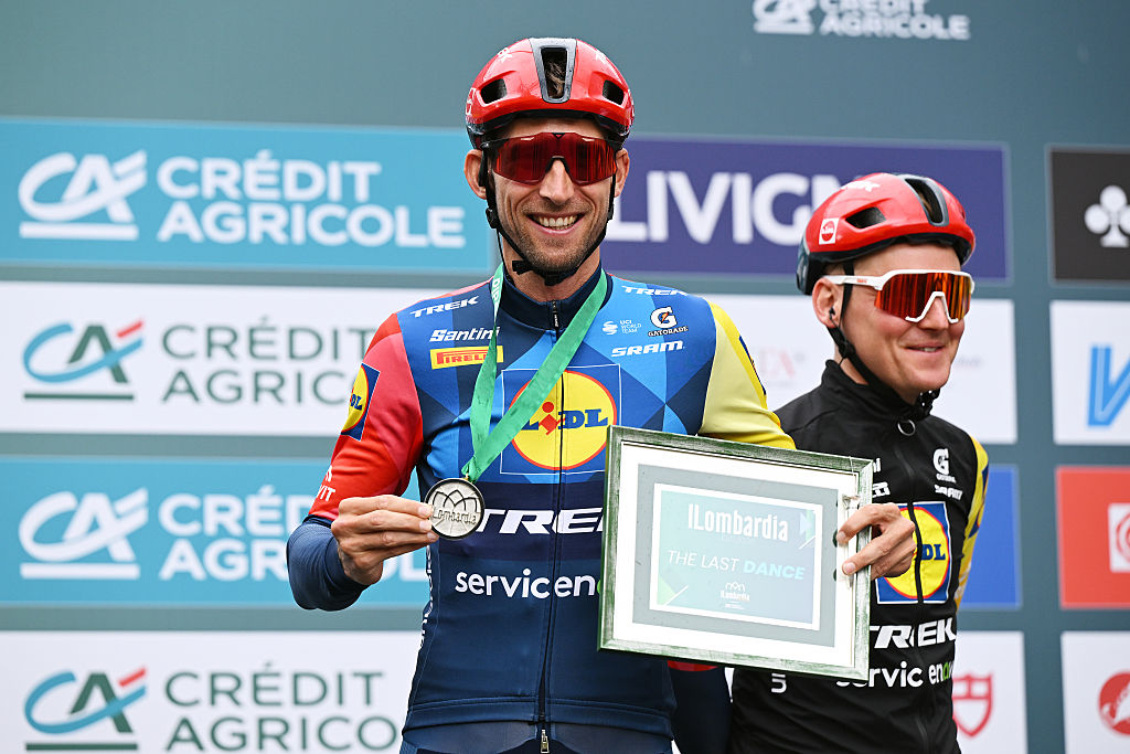BERGAMO, ITALY - OCTOBER 10: Bauke Mollema of Netherlands and Team Lidl - Trek is being honored by his teammates on his last day as a professional cyclist prior to the 120th Il Lombardia 2026 a 239km one day race from Bergamo to Como / #UCIWT / on October 10, 2026 in Bergamo, Italy. (Photo by Dario Belingheri/Getty Images)