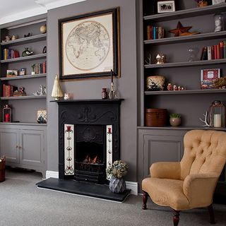 living room with grey shelves