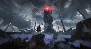 The hero and Puck looking up at a huge tower in Shadow Labyrinth. 