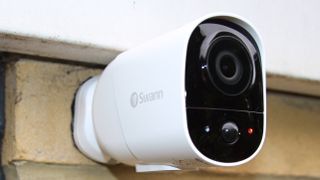 The Swann Xtreem security camera mounted on a wall on the exterior of a home