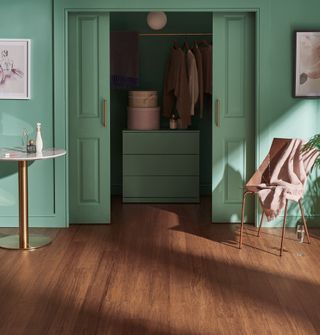 bamboo flooring in storage with sliding door painted green