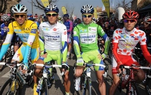 The jersey holders of Paris-Nice: Contador, Kreuziger, Sagan and Moinard.