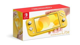 A photo of the box of a yellow Nintendo Switch Lite