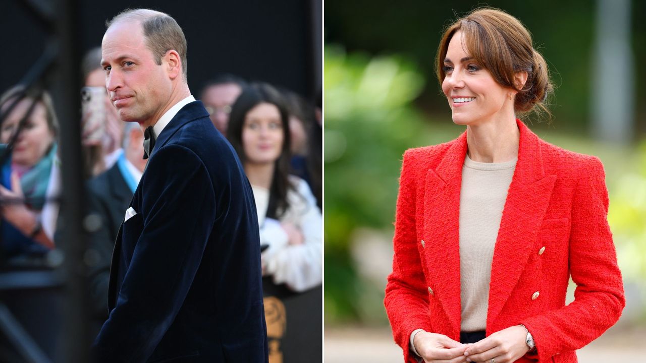 Composite of Prince William at the 2024 BAFTAs and Kate Middleton as she joins a Portage Session for her &#039;Shaping Us&#039; campaign in 2023